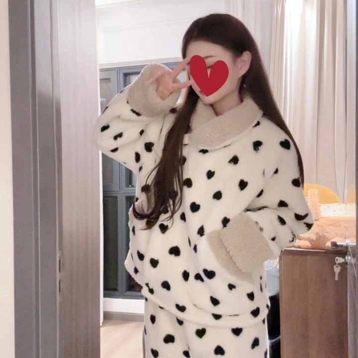 （爱心豆豆）珊瑚绒睡衣女翻领冬季可爱保暖休闲外穿韩版甜美网红