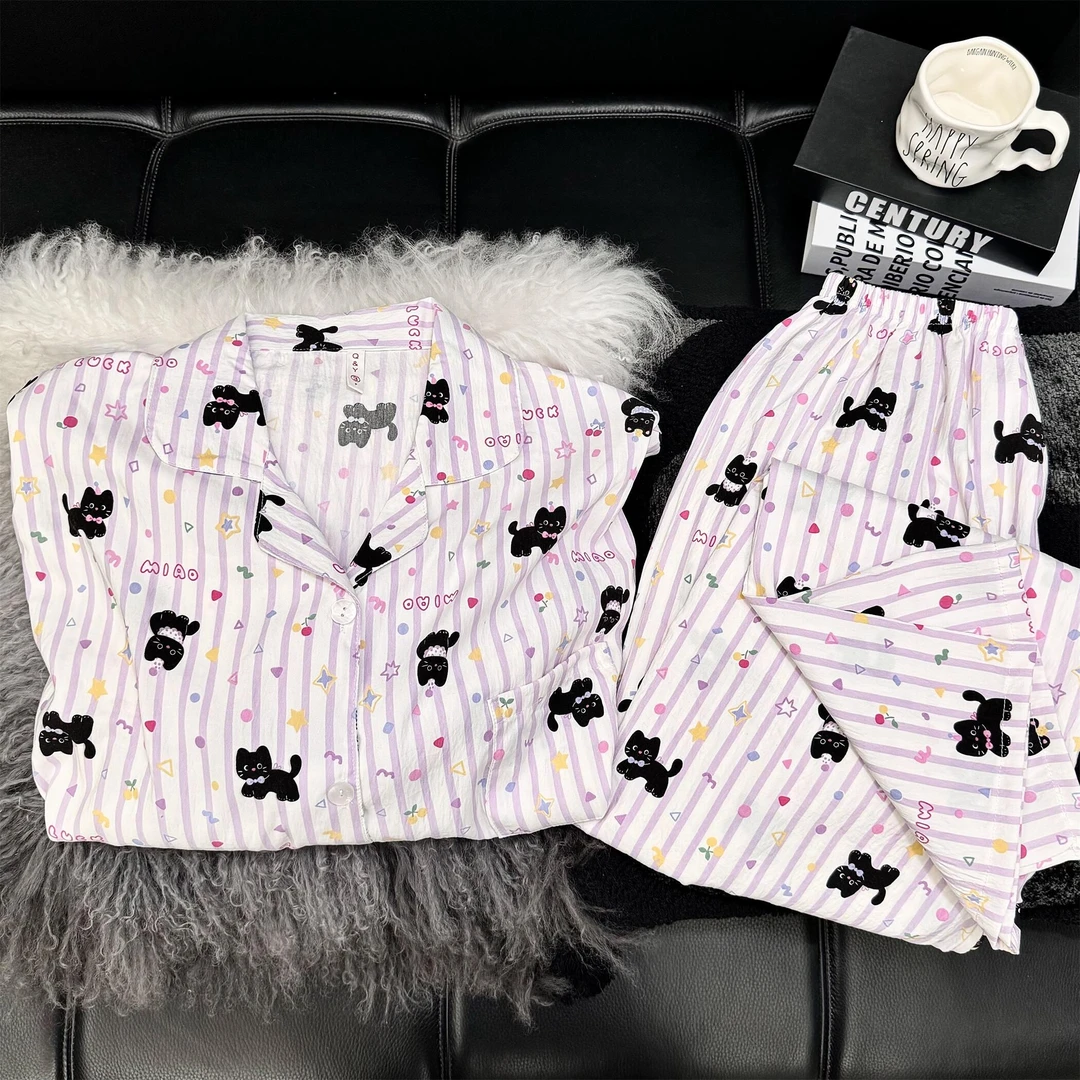 【紫色童趣黑猫】春秋长袖条纹卡通睡衣女可爱黑猫云朵绵家居服套装