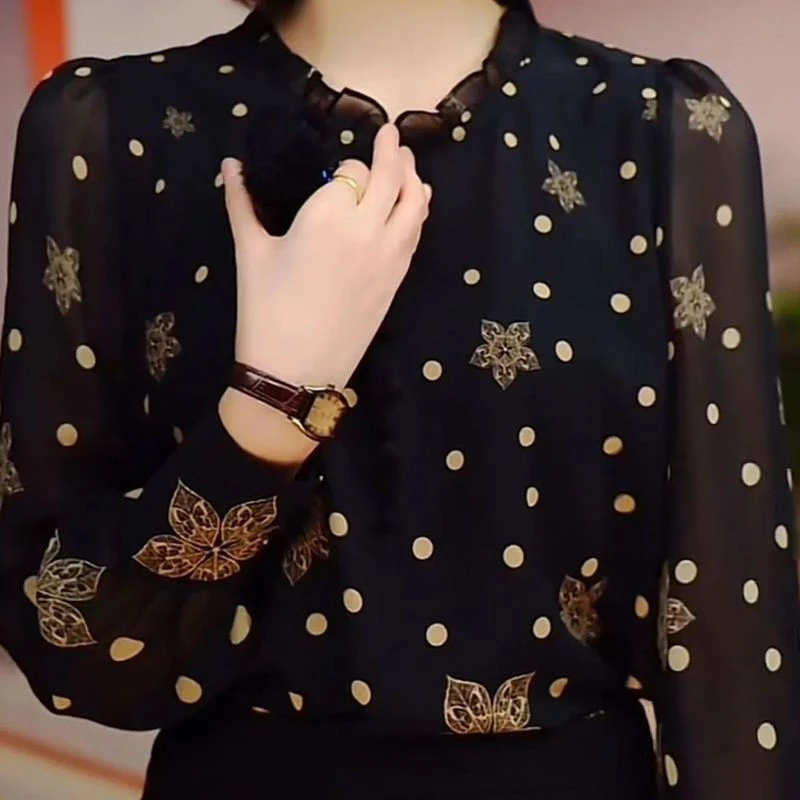 法式雪纺上衣女士衬衣长袖春秋新款气质小衫妈妈波点印花衬衫