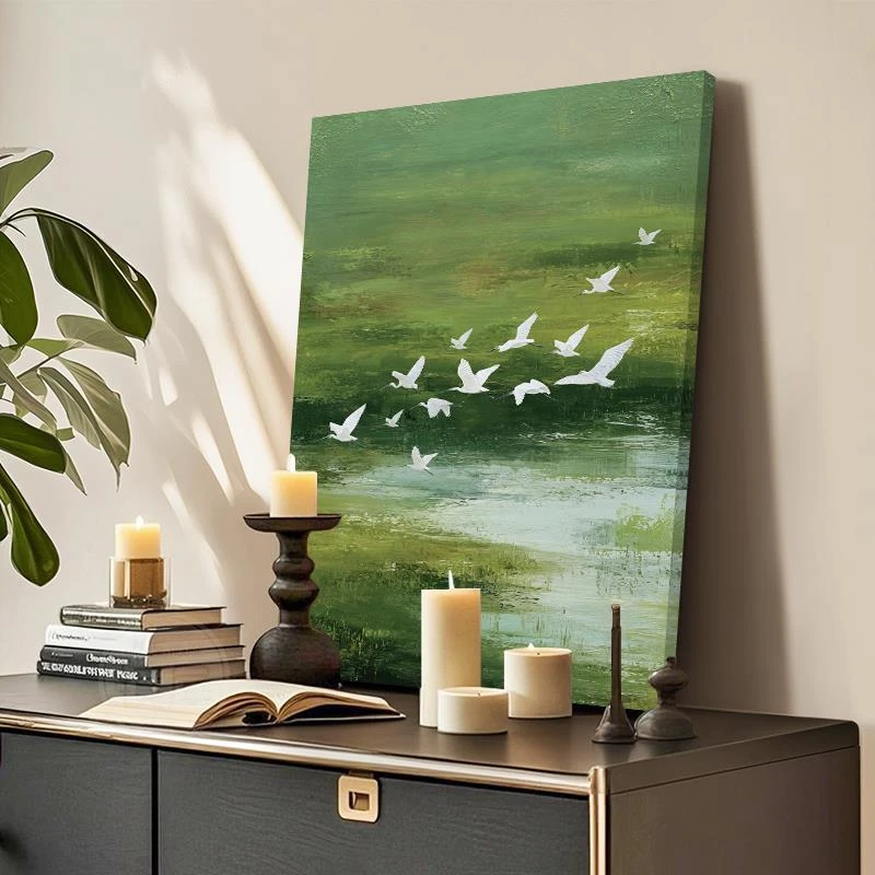 中古风玄关柜装饰画绿色抽象艺术油画餐边柜斗柜法式复古客厅挂画