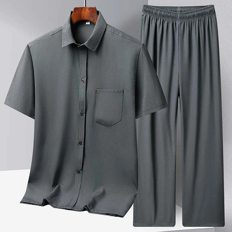 中老年冰丝短袖衬衫男夏季爸爸套装夏装爷爷衣服夏天老人男士衬衣