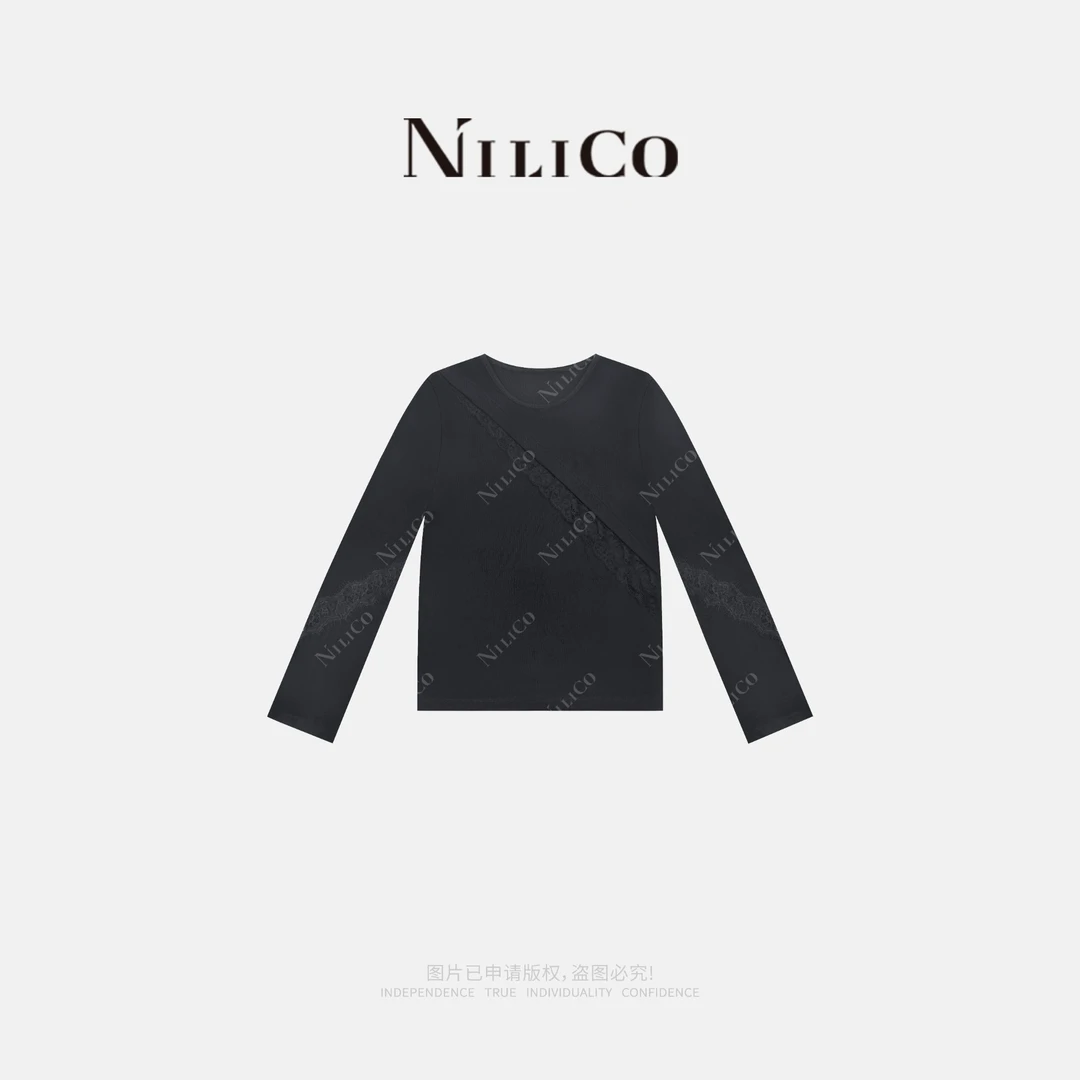 NILICO【斜光】莱赛尔圆领拼花边时尚百搭气质显瘦黑色打底衫