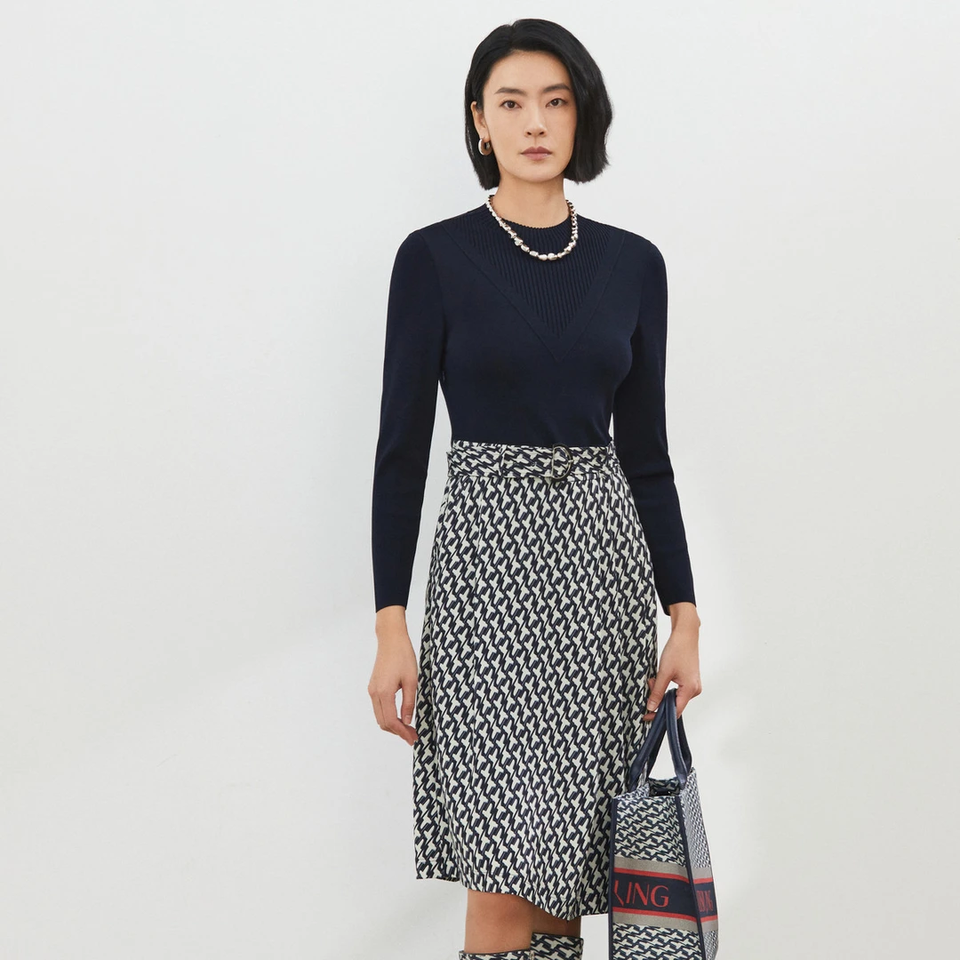 【婷婷专属】【醋酸系列】春秋酷帅通勤印花修身长袖连衣裙女