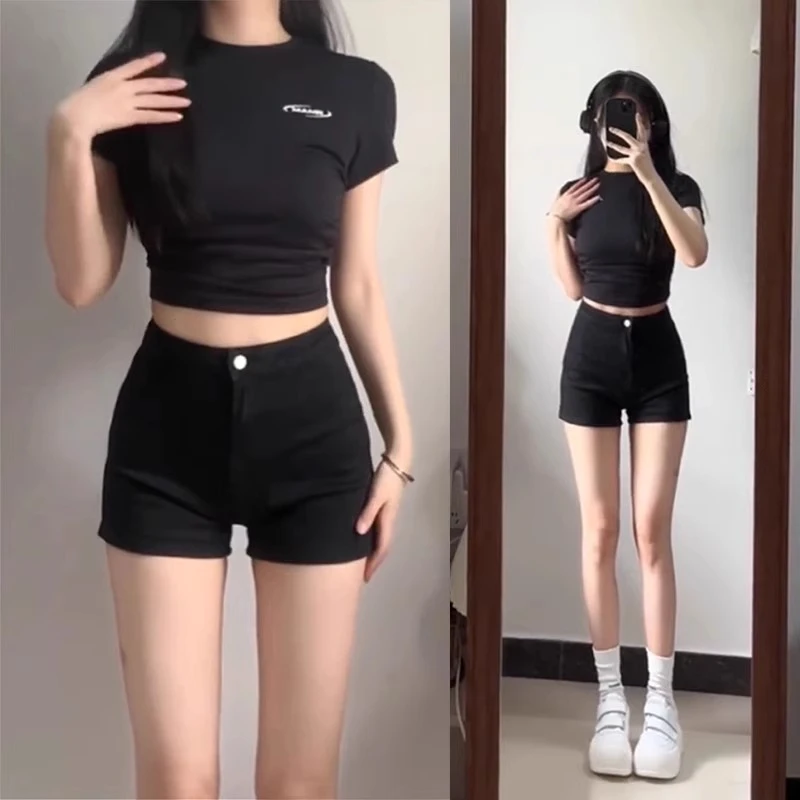 雪千羽黑色辣妹牛仔短裤超短热裤女2025夏季高腰显瘦包臀紧身裤子