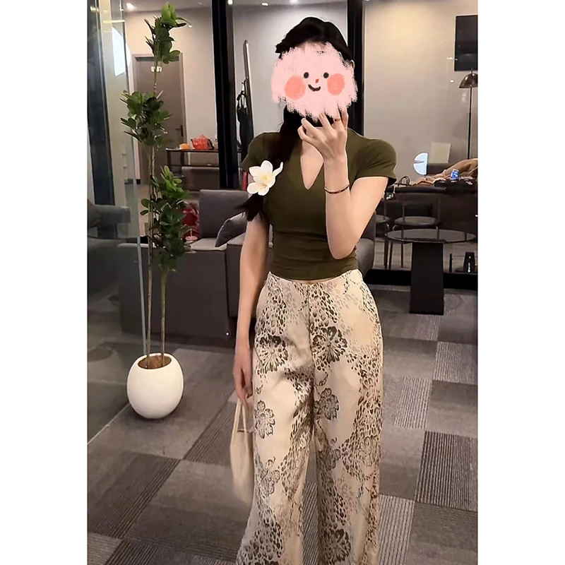 静奢风香槟慵懒印花裤薄款直筒阔腿裤子V领短袖T恤上衣两件套