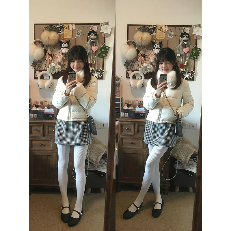 韩系白色短款毛领棉衣外套女2025新款休闲百搭棉服上衣格子半身裙