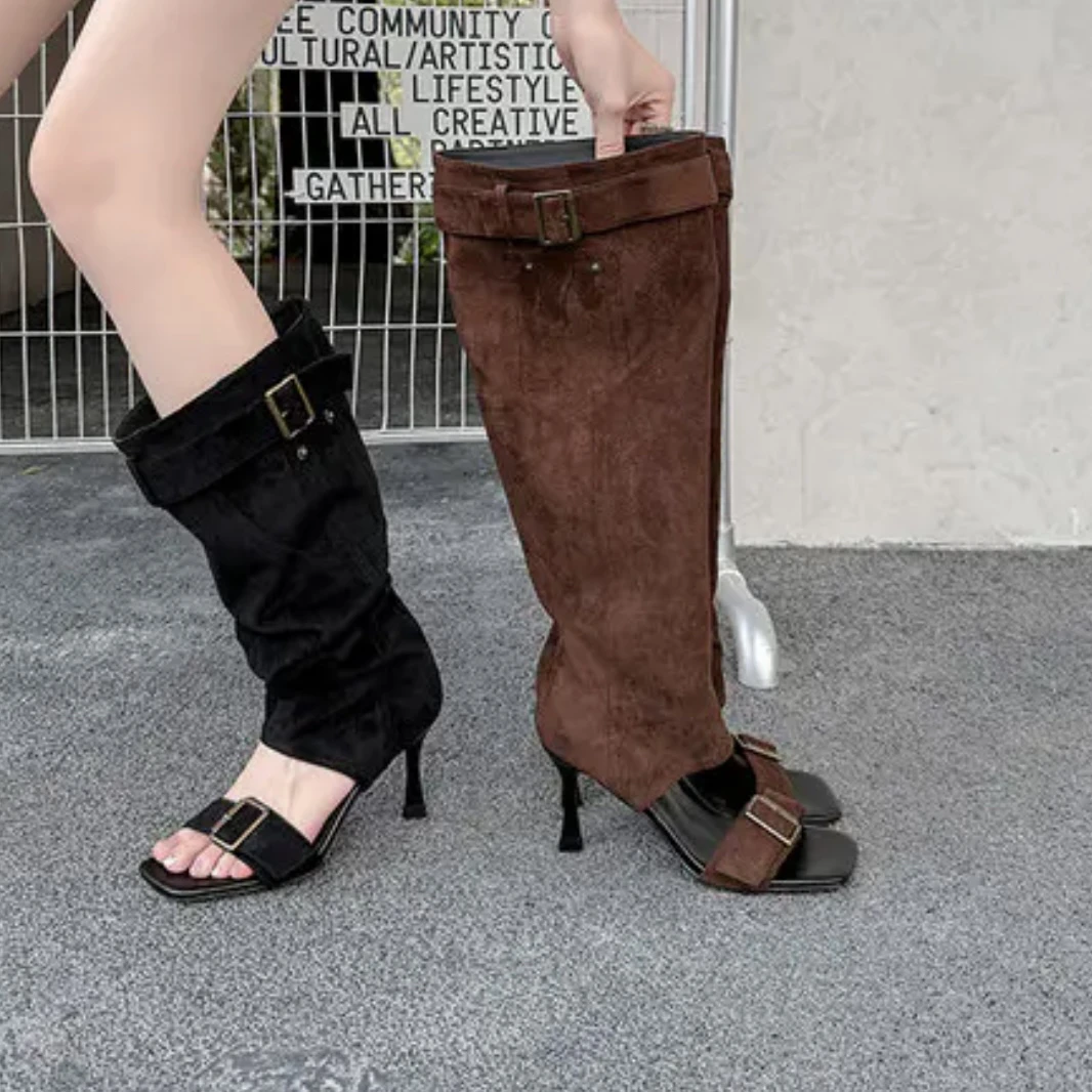 ZHIYU大筒围露趾靴 复古堆堆靴 气质小女人8.5cm