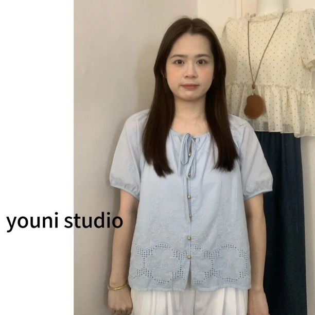 【youni】夏款韩系ins风圆领重工提花小衫