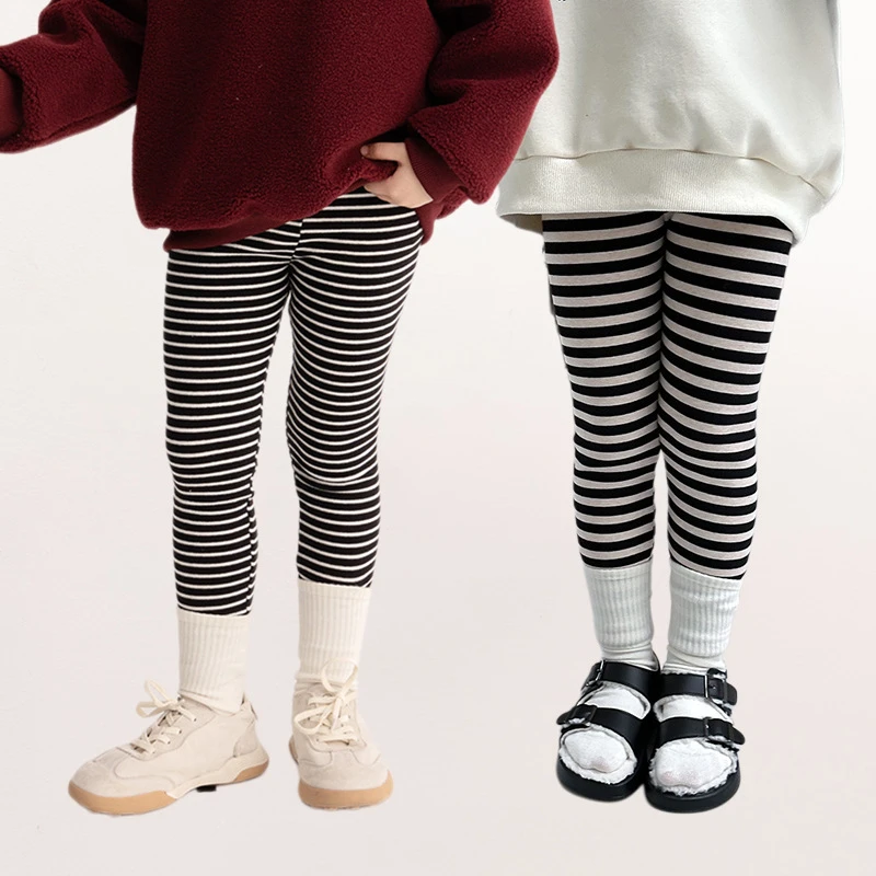 韩版儿童弹力毛线打底裤女童宝宝2025冬款百搭加厚条纹修身长裤子