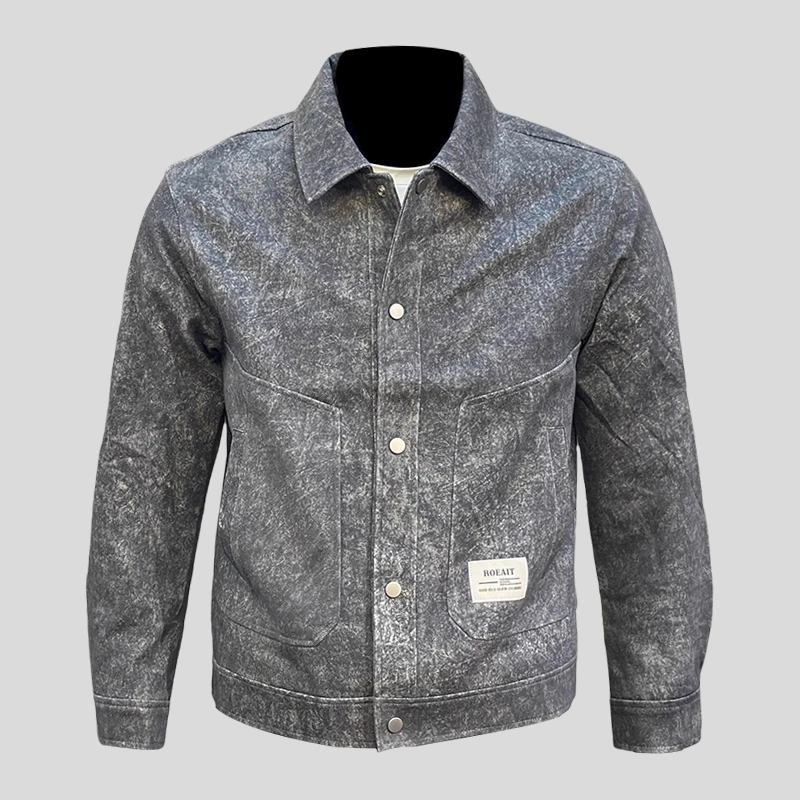 ohmmayby美式简约小板型翻领工装夹克男暗花纹外套按扣上衣修身