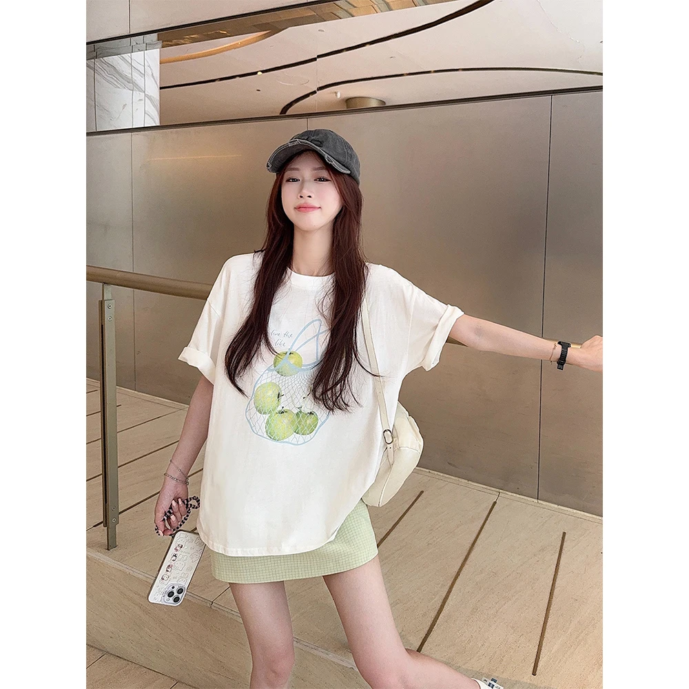 清新苹果印花白色宽松T恤上衣女+绿色格纹a字包臀半身短裙21852#