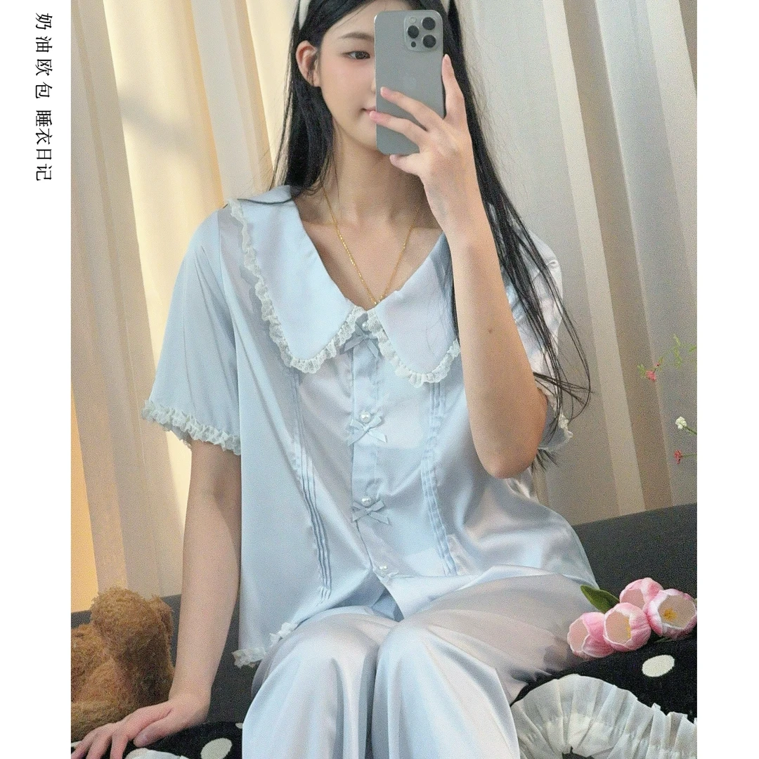 夏季甜系新品冰丝睡衣女蕾丝花边舒适时尚轻奢家居服套装