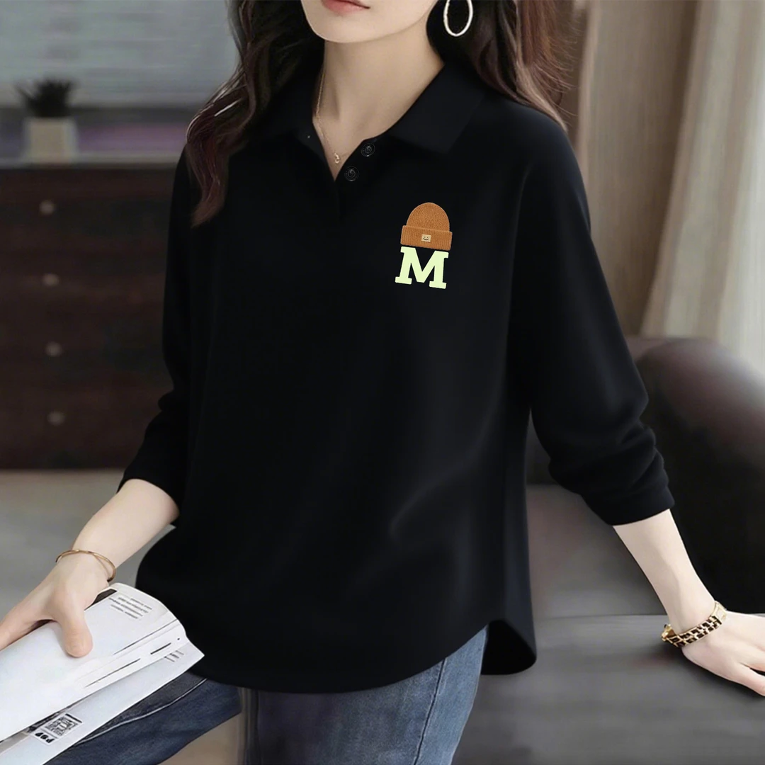 德绒POLO衫女秋冬休闲胖MM大码弧形下摆宽松显瘦洋气内搭翻领上衣