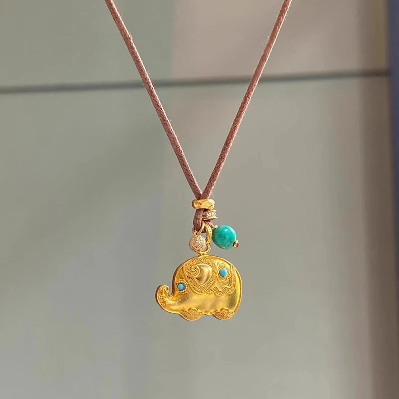 项链金色吉祥如意小象吊坠民族风轻奢小金象编织皮绳手工精