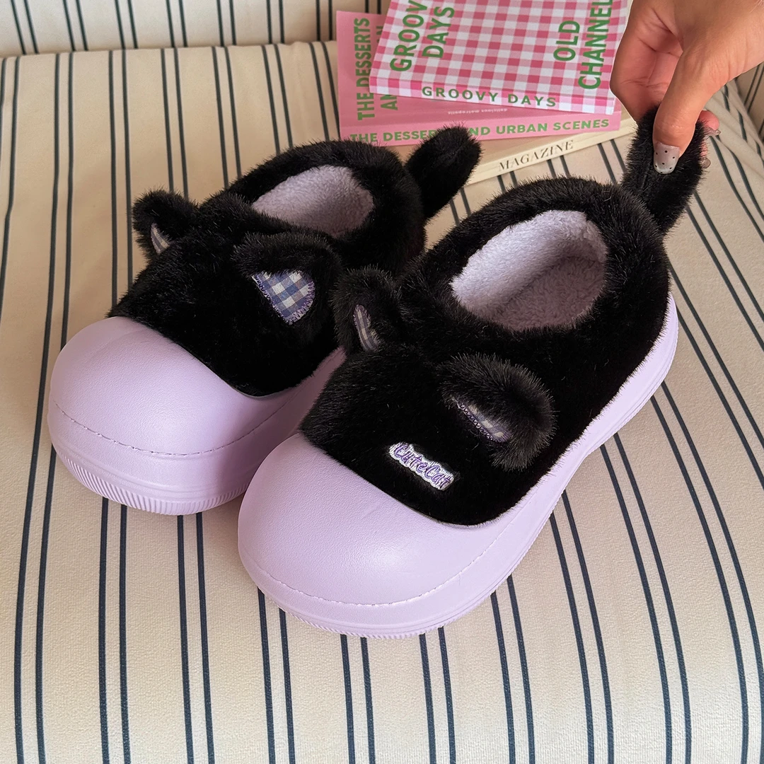 可爱Lolita包跟冬天保暖防滑学生居家外穿毛毛鞋女小猫厚底棉拖鞋
