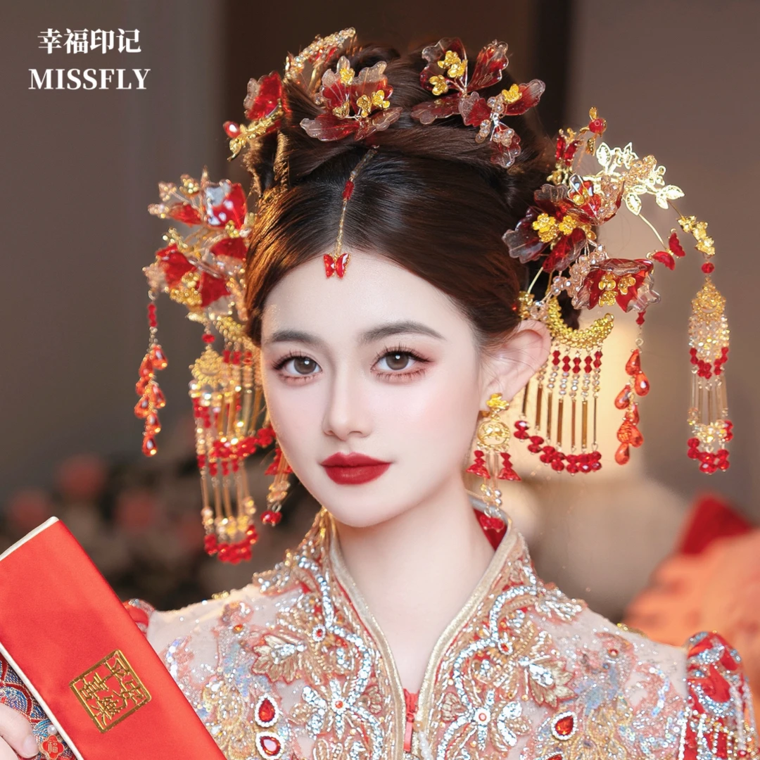 金红色秀禾新中式头饰新娘蝴蝶眉心坠旗袍晨袍龙凤褂马面裙发饰