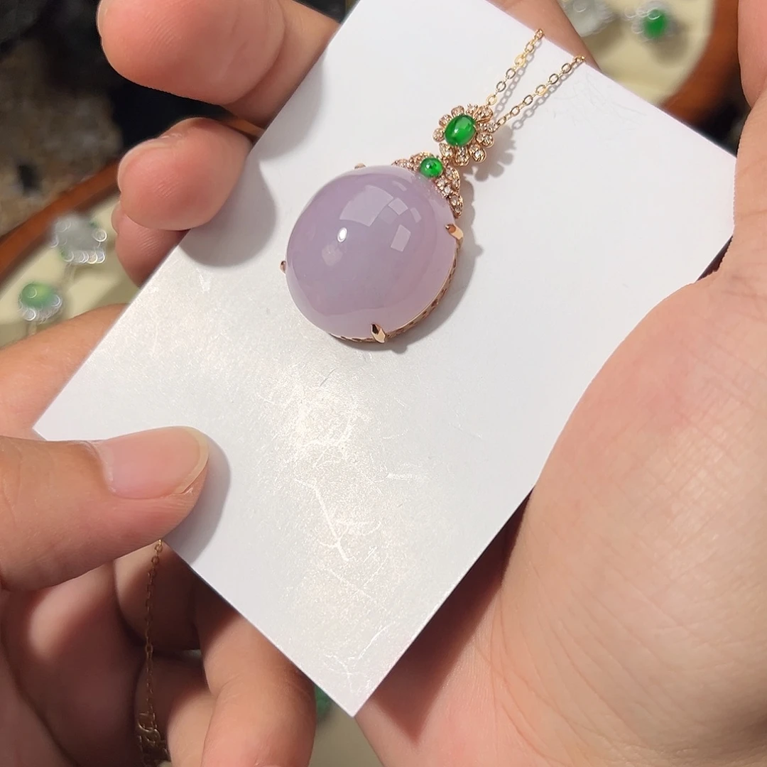 翡翠18K金镶嵌颈饰冰莓粉紫冰胶老坑种翡翠鸽子蛋25*22*12