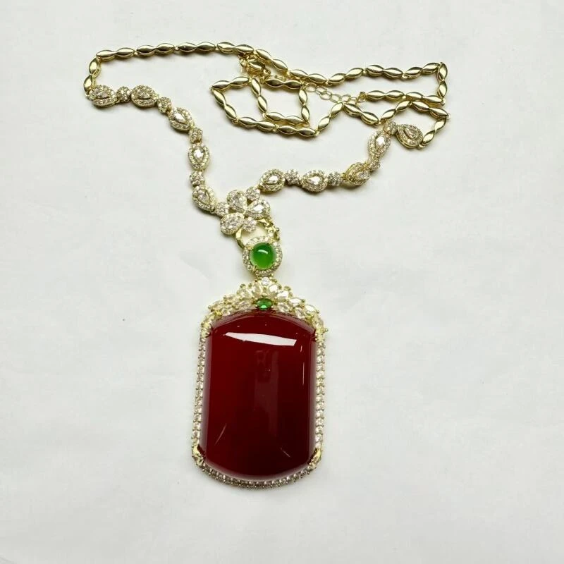 ZH55-天然 高端 大气 -时尚 红玉髓 红色无事牌项链