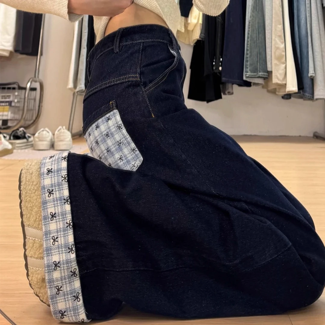 美式格子拼接牛仔裤女胖妹妹mm休闲百搭高腰宽松显瘦直筒阔腿长裤