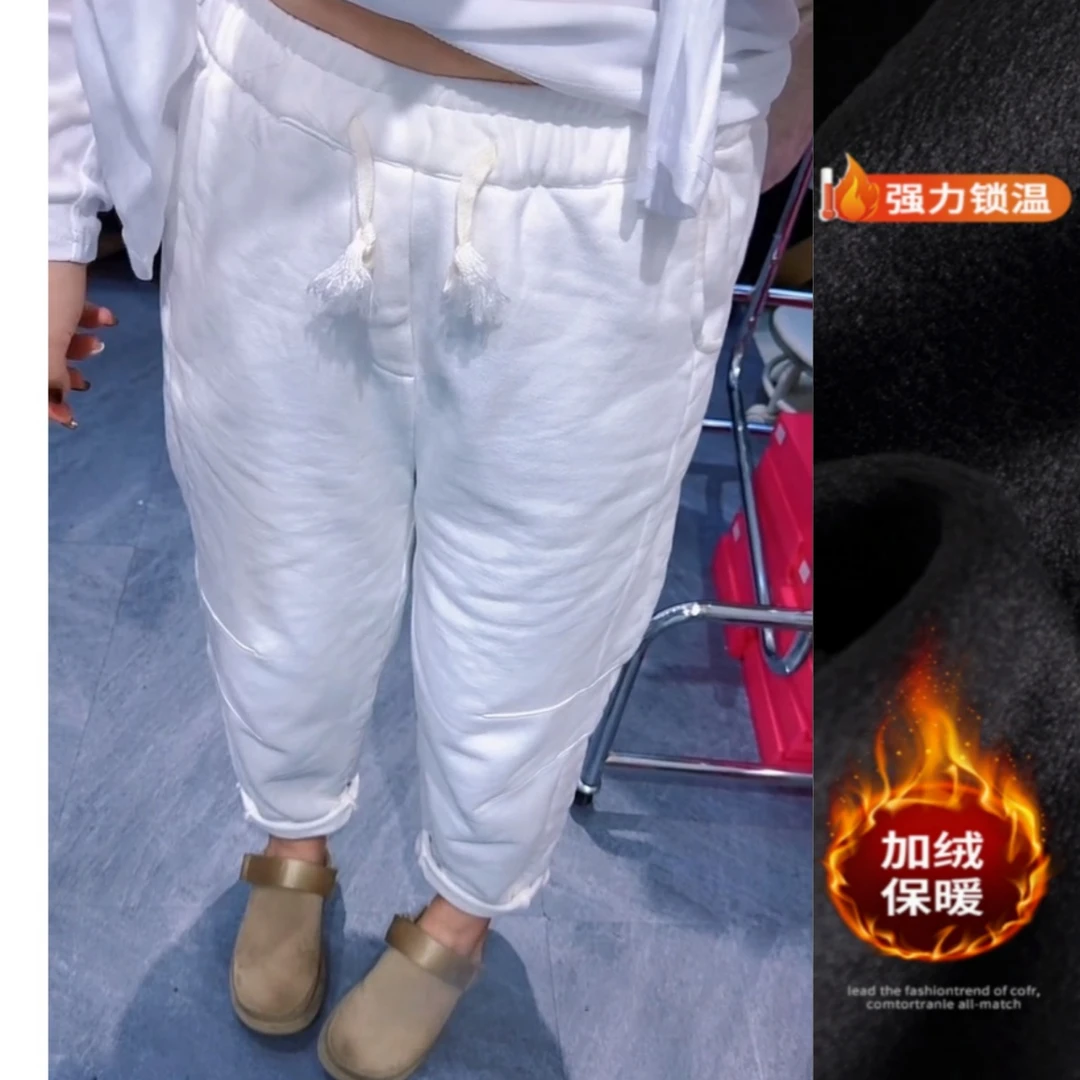 景倩妮白色简约舒适加绒休闲裤2025年冬季新款高腰显瘦九分直筒裤