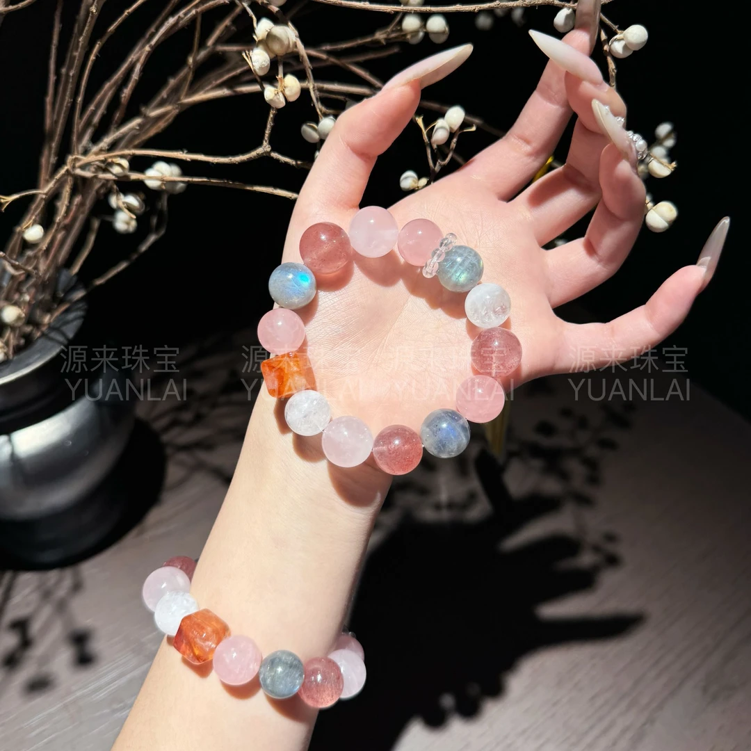 K*粉雾星澜*粉晶草莓晶灰月光胶花手串YY3392