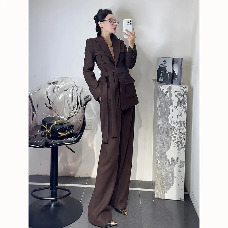 轻熟风时尚套装高级感秋冬通勤毛呢系带修身西服阔腿裤职业两件套