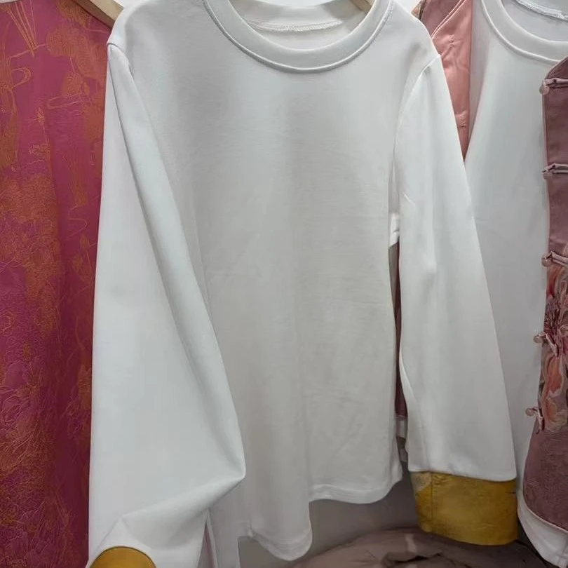 秋季国风拼接圆领白色T恤长袖打底衫休闲百搭