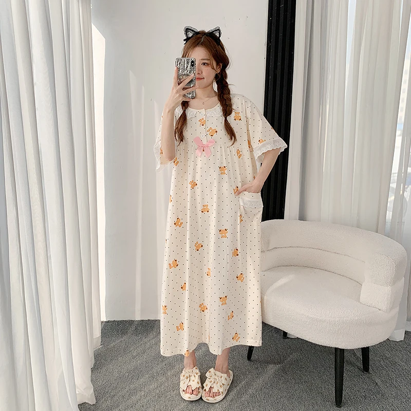 针织棉夏季睡裙短袖胖MM200斤花边公主风甜美孕妇长裙家居睡衣女