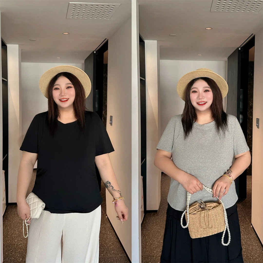 大码女装夏季宽松减龄花契200斤胖mm设计感鱼骨拼短袖T恤14652