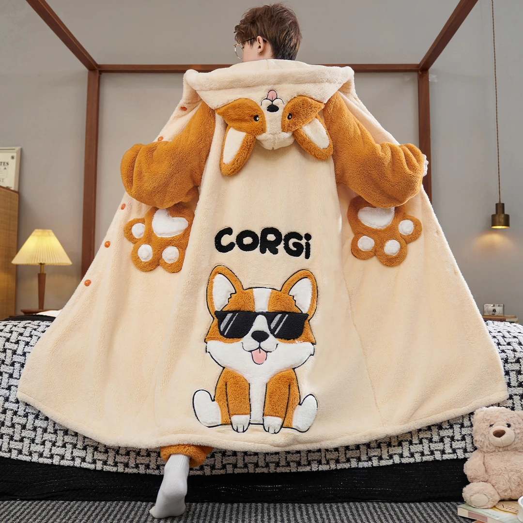 可爱卡通柯基珊瑚绒睡衣男秋冬季加厚加绒保暖睡袍男生无牙仔睡衣