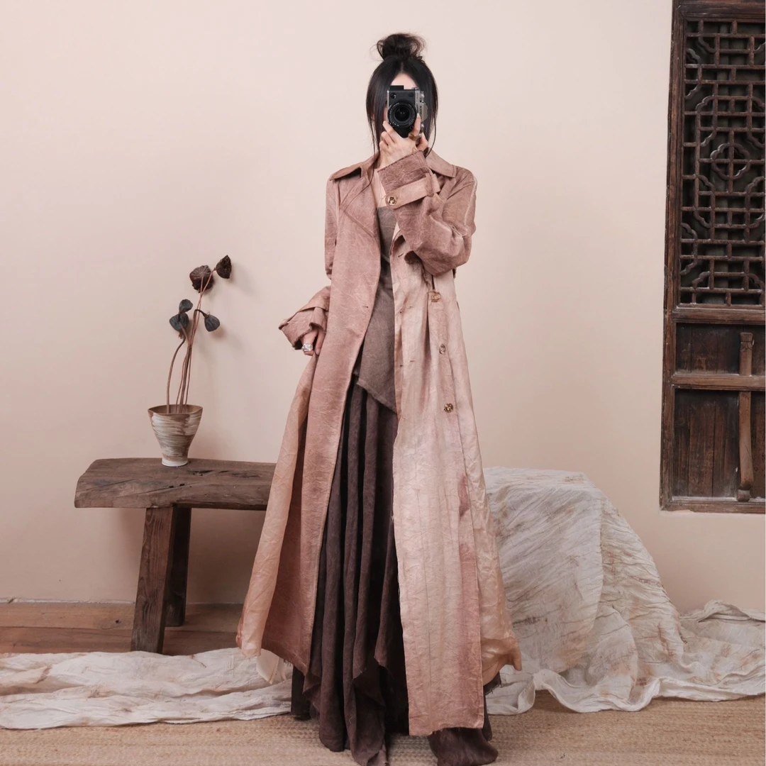 弥挲AT362619草木染原创小众设计侘寂工匠拼接显瘦提花风衣