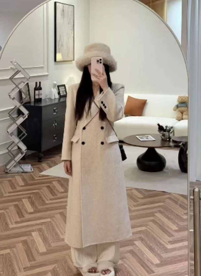 2025秋冬新款小蛮腰双面羊毛中长款韩版显瘦百搭外套长款毛呢大衣