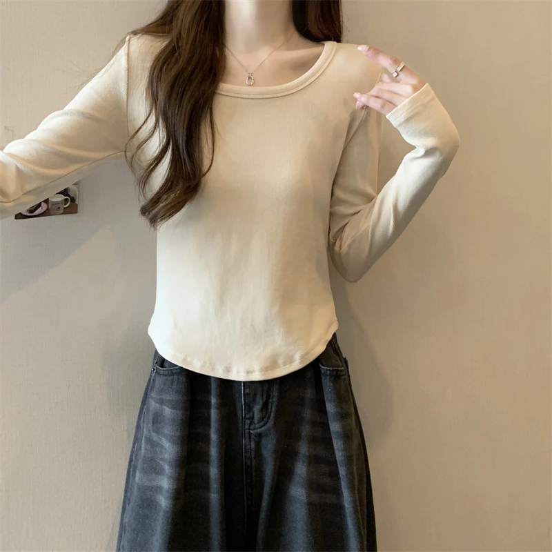 大码u领打底衫内搭春秋季女T恤胖MM显瘦纯色长袖正肩上衣YY12967