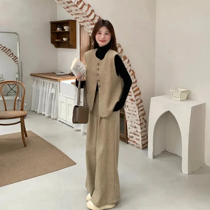 轻奢小香风马甲阔腿裤2025春秋新款复古韩系ins风气质显瘦套装裤