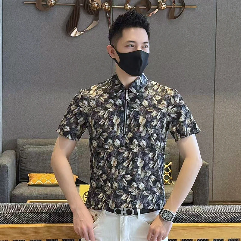 新款夏季男士潮流百搭个性印花休闲短袖半拉链POLO衫