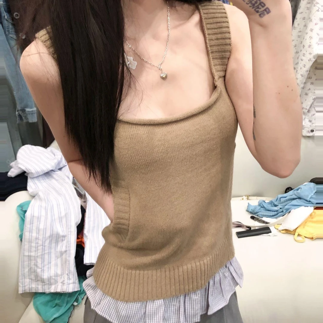 针织真口袋复古方领背心吊带213