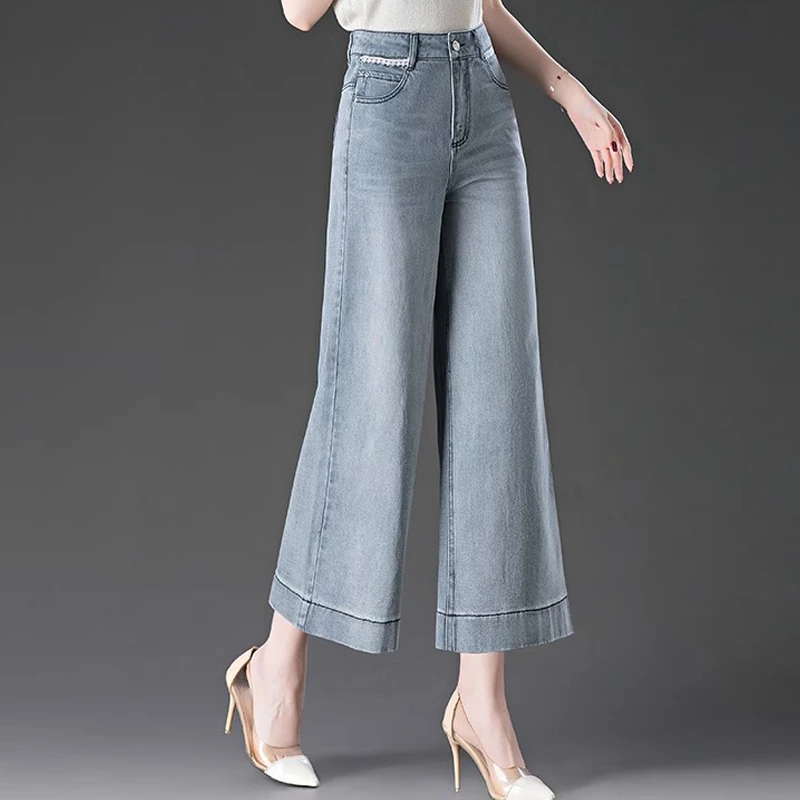 烟灰色阔腿牛仔裤女2025新款夏季薄款小个子宽松直筒九分八分裤子