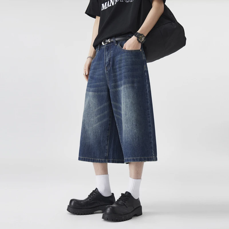 宽松阔腿牛仔七分裤男夏季薄款高级感痞帅裤子冰丝直筒休闲短裤潮