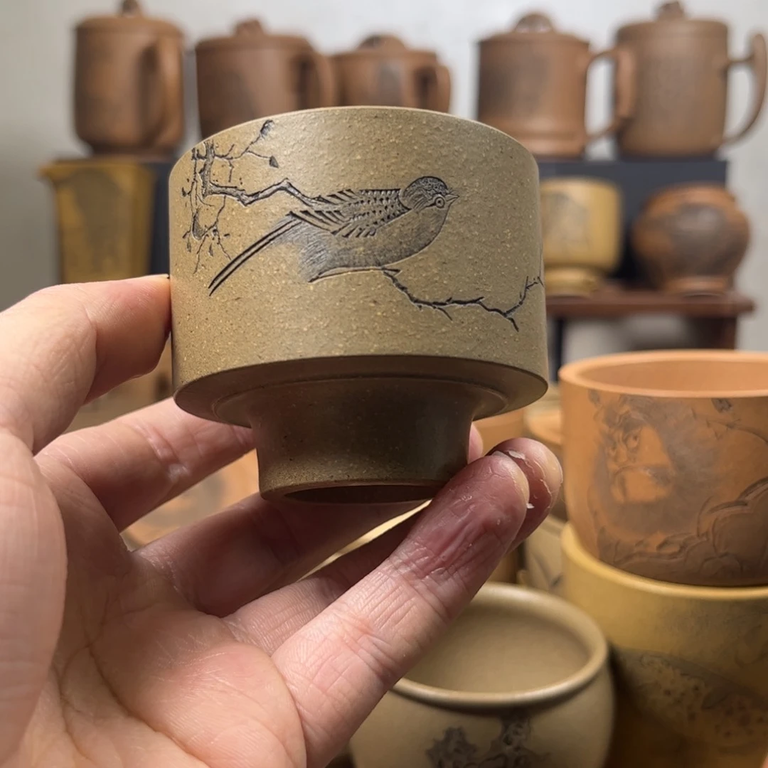 紫砂杯子?****?小鸟刻绘紫砂主人杯