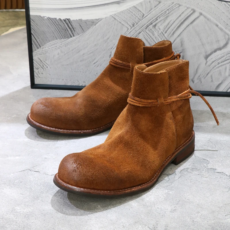 反绒牛皮大头套筒皮靴复古水洗高帮男真皮鞋休闲切尔西短靴