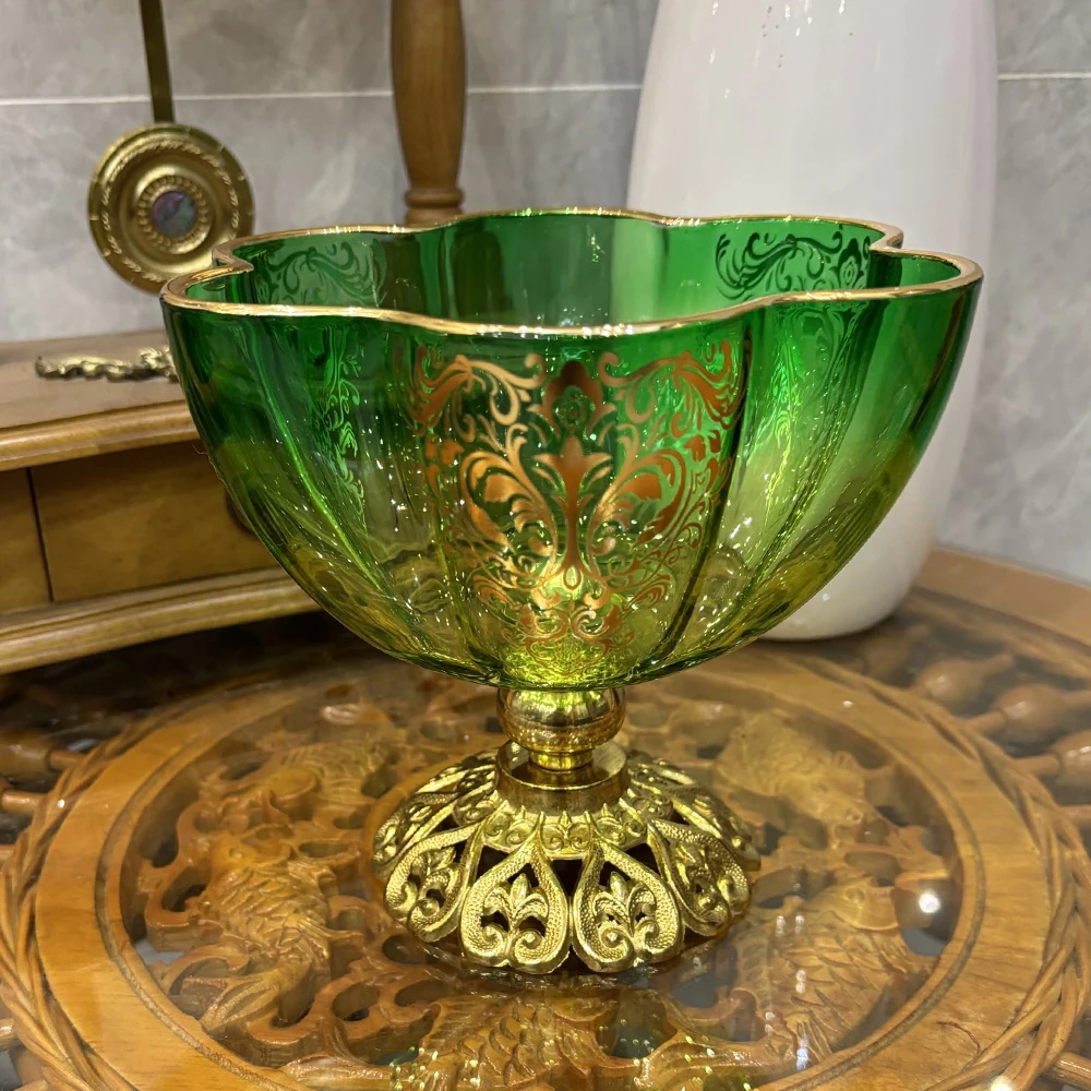 新款法式全铜高脚描金水晶玻璃水果托盘