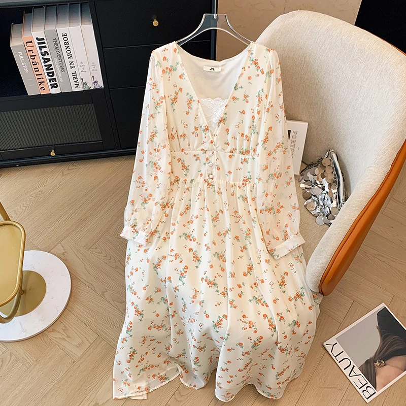 【66589】300斤大码女装胖mm气质碎花V领连衣裙春秋新款收腰显瘦