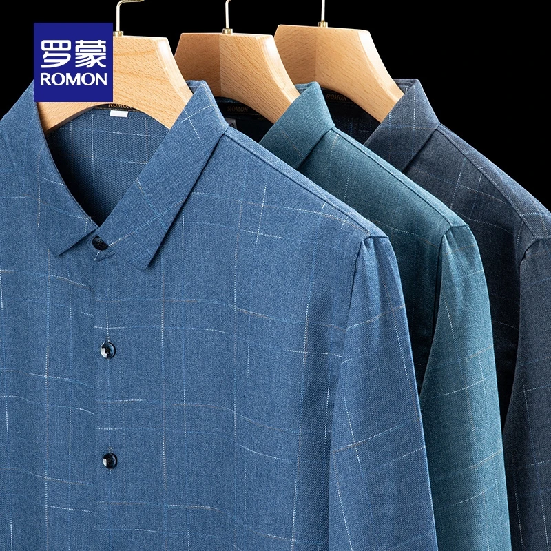罗蒙男士欧若风休闲长袖衬衫2025春衬衫易打理职业工装格子衬衣男