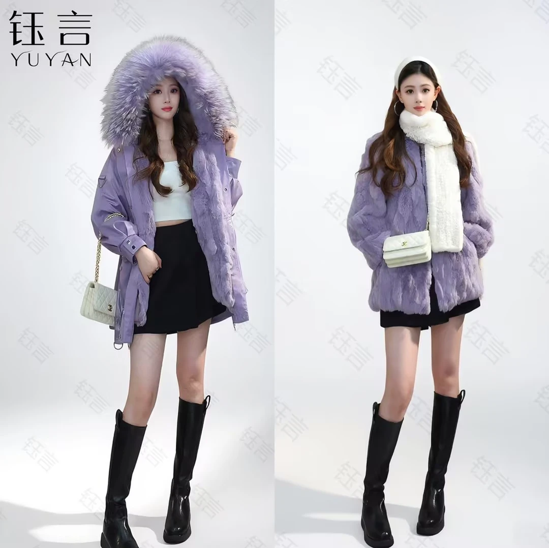 【朝霞毛袖獭兔】8282 派克服女士秋冬中长款连帽时尚大气百搭风衣