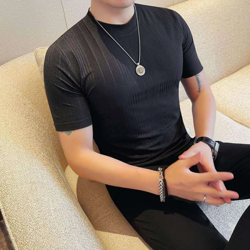 条纹夏季t恤男薄款透气痞帅男装时尚商务休闲圆领男士短袖打底衫