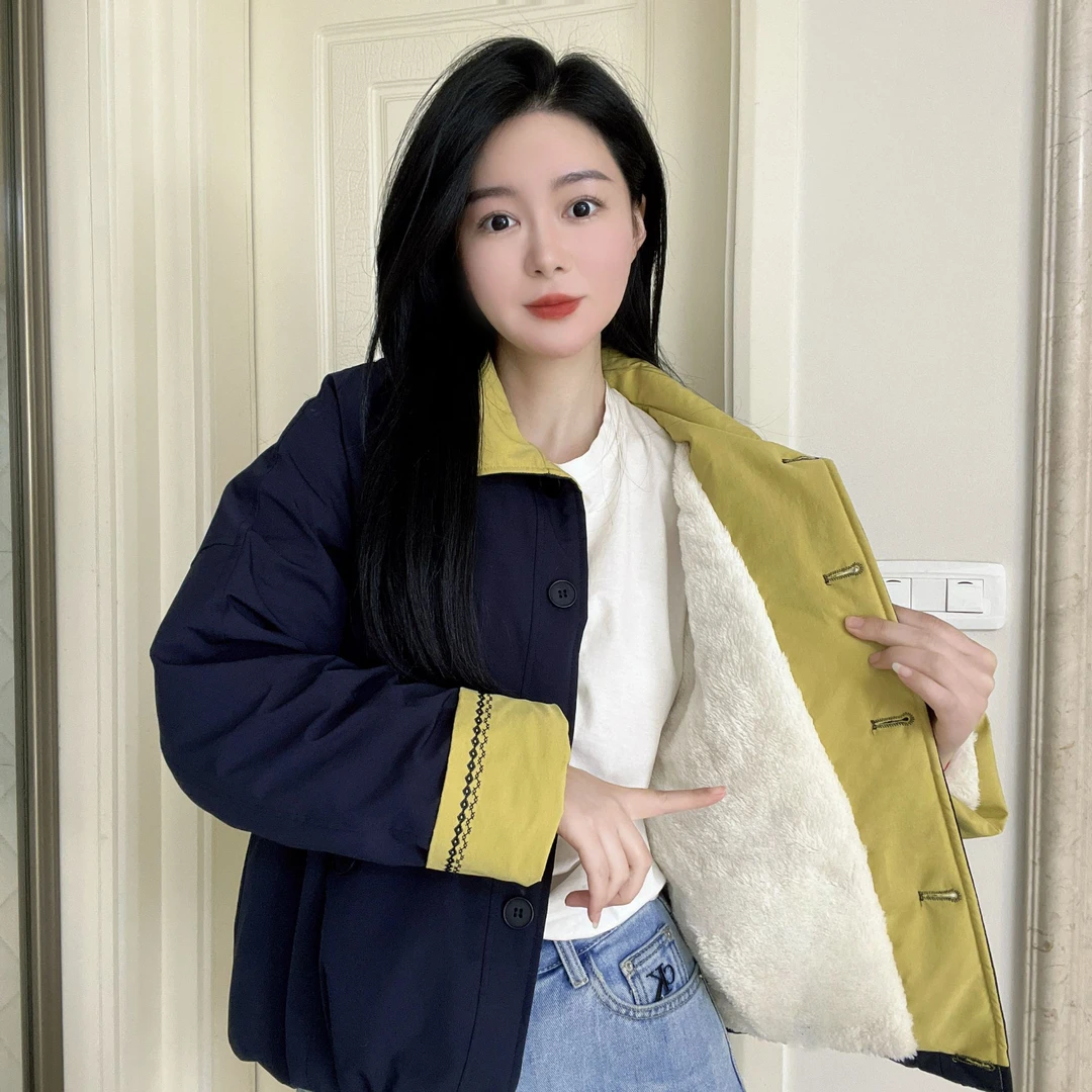 棒球领拼色袖夹棉加厚棉服女2025冬加绒加厚休闲宽松百搭棉衣外套