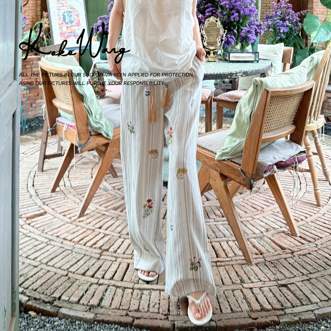 KOKOWANG 减龄重工立体刺绣花显瘦条纹亚麻休闲裤520685C26K43