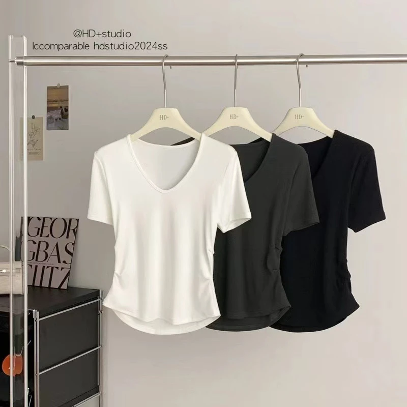 纯白色v领正肩宽松短袖t恤女装夏季2024修身显瘦体恤上衣女
