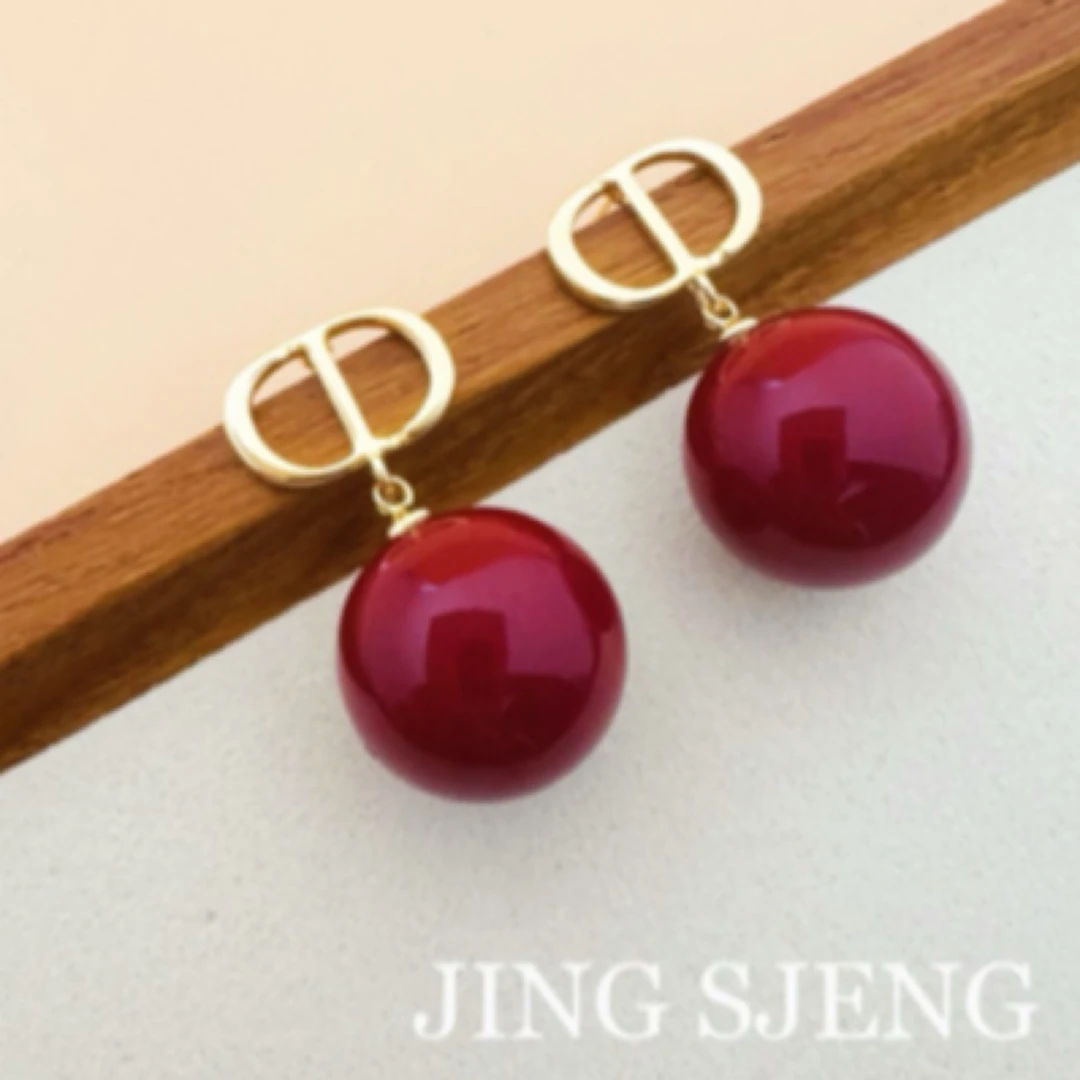 铜合金仿珍珠耳饰 【红豆】秋冬红色欧美时尚百搭轻奢气质耳环简约