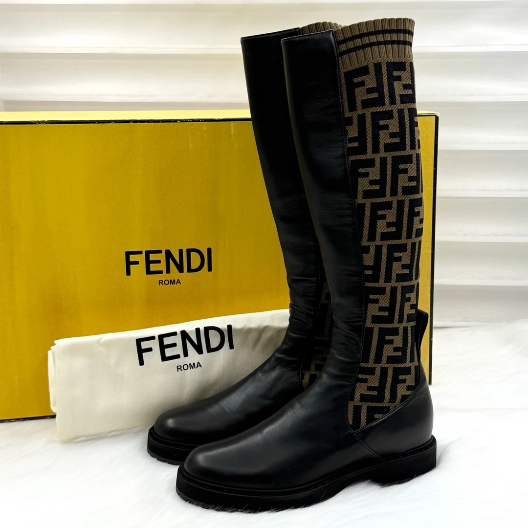 99新 FENDI/芬迪 小羊皮经典双F老花长靴 35.5码 公价1.2w zy096